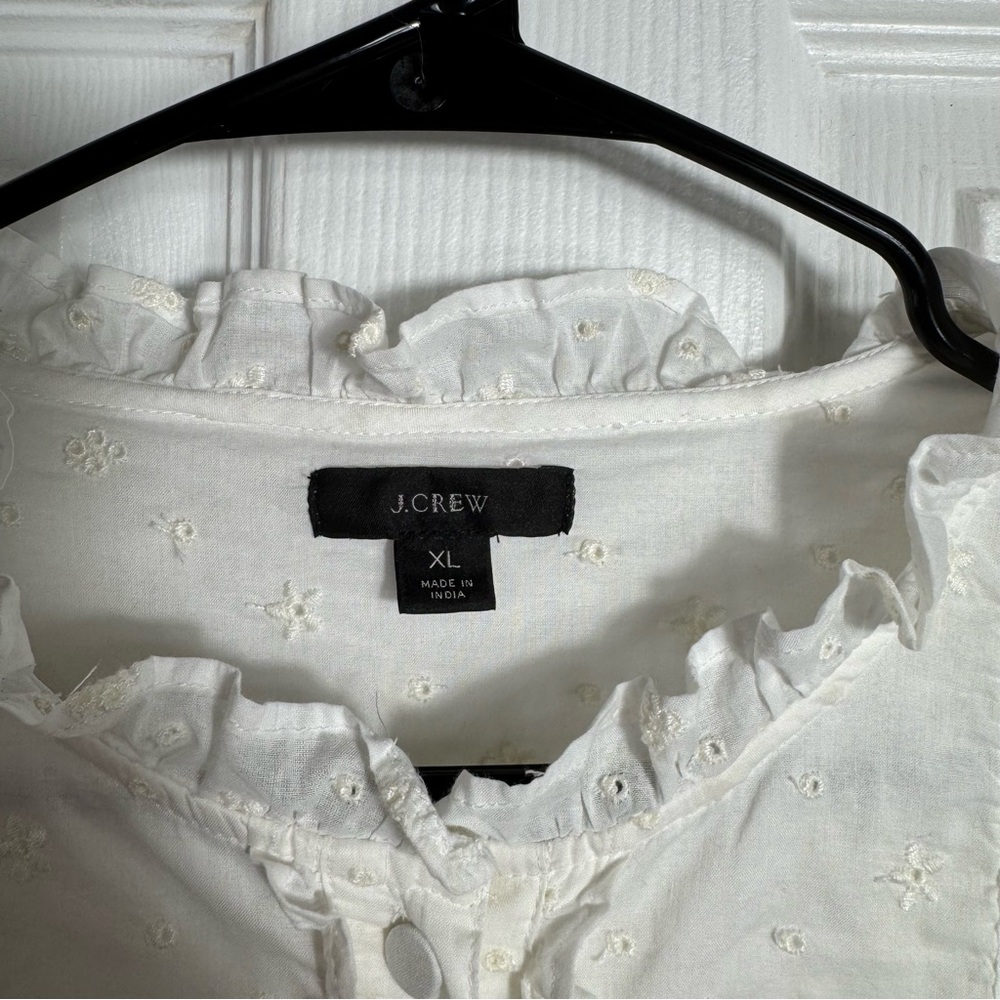 J.Crew Eyelet Ruffle Blouse XL White Cotton Romantic Cottagecore Boho Feminine - Picture 5 of 12